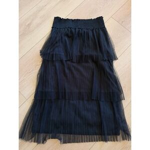 Womens Black Pleated Mesh Tiered Midi Skirt Smocked Waist Tulle Layered Skirt